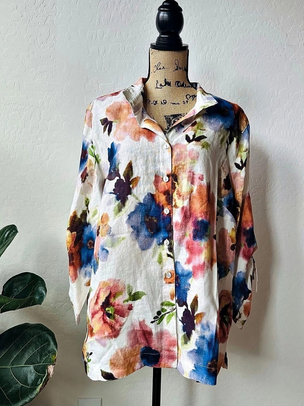John Mark Linen Floral Print Blouse with Wire Collar White & Blue Size 1X